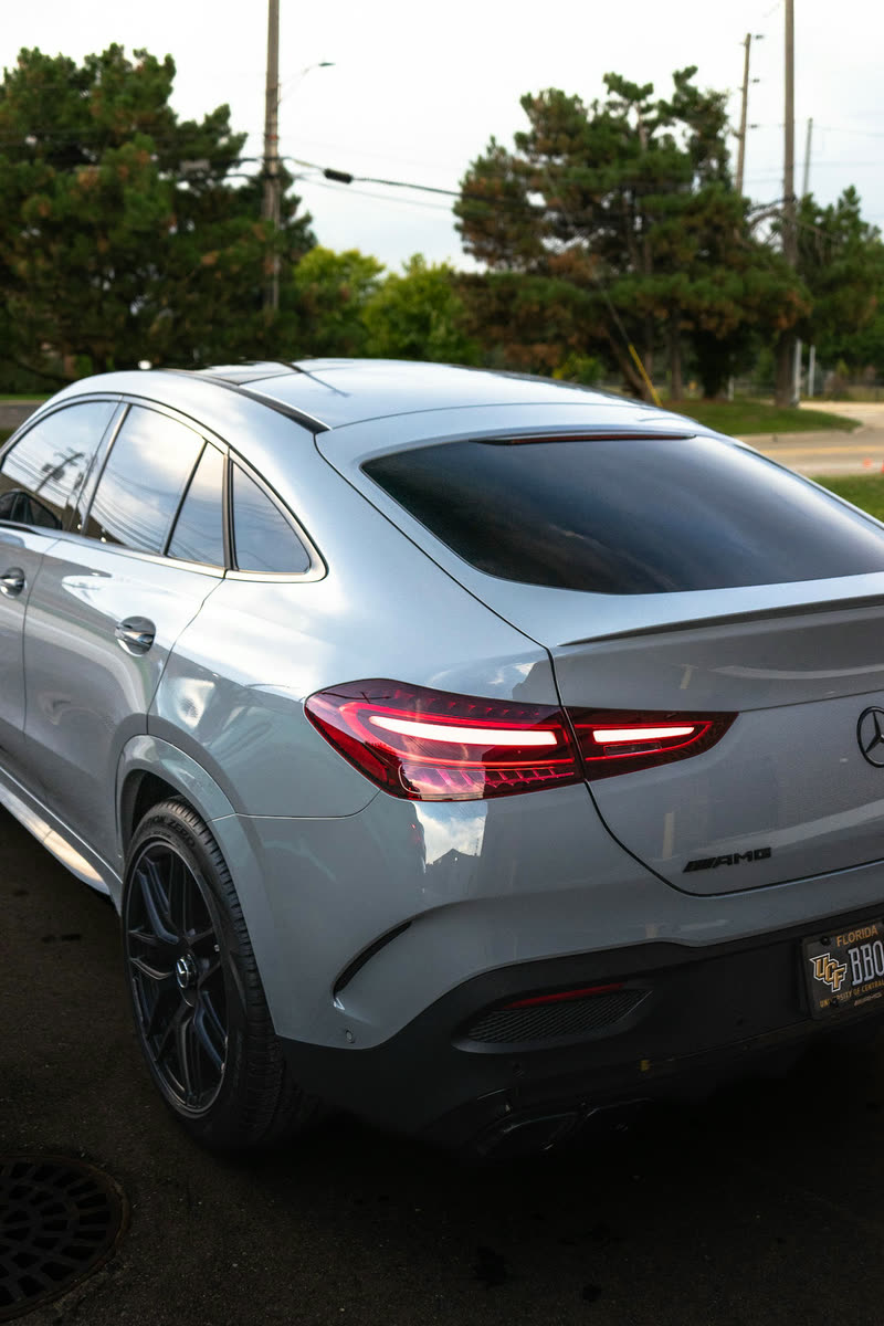 Silver Mercedes-AMG GLE coupe, rear three-quarter view